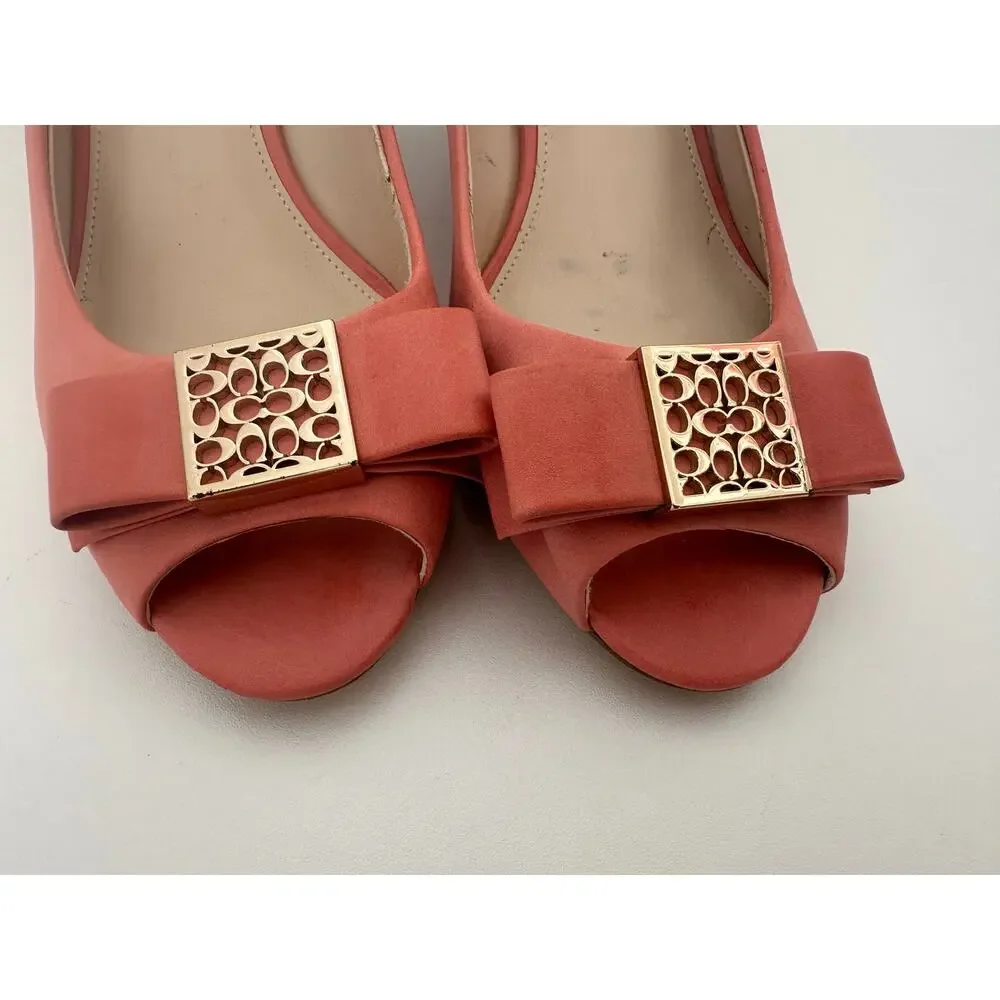 Coach Gretchen Coral Suede Bow Peep Toe Wedge Heels - Size 10B
